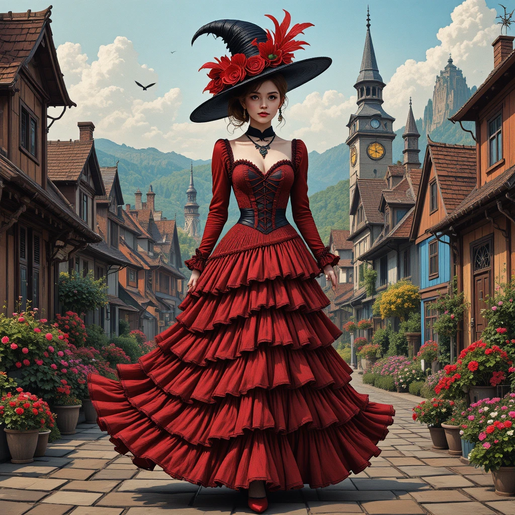 Gothic woman in red dress walking through colorful town