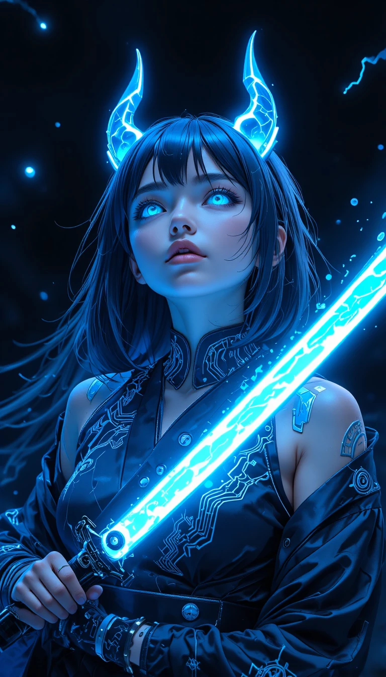 Cyber oni anime woman gazing up with glowing katana