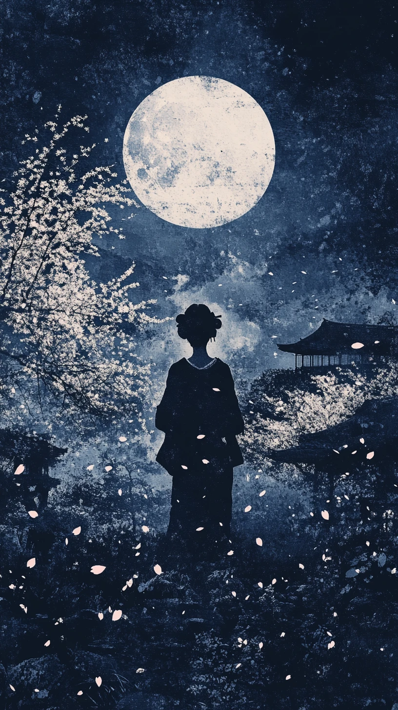 月光下日式庭園中的藝伎與飄落花瓣