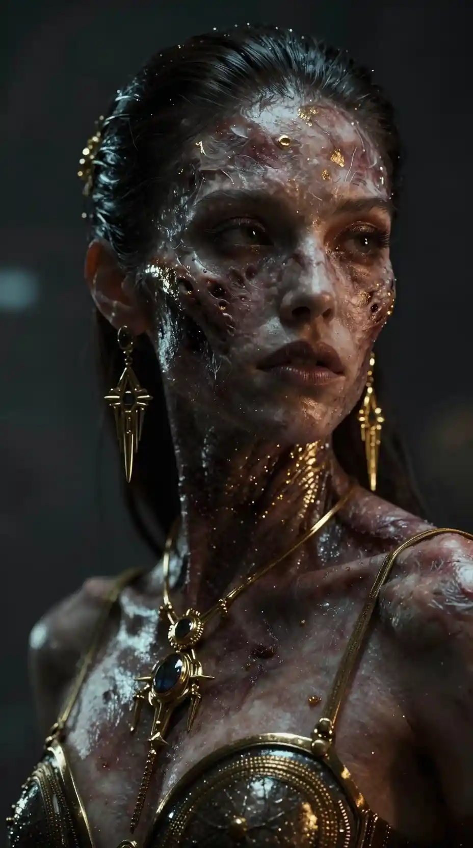 Futuristisches Porträt einer Cyborg-Frau mit leuchtenden Golddetails
