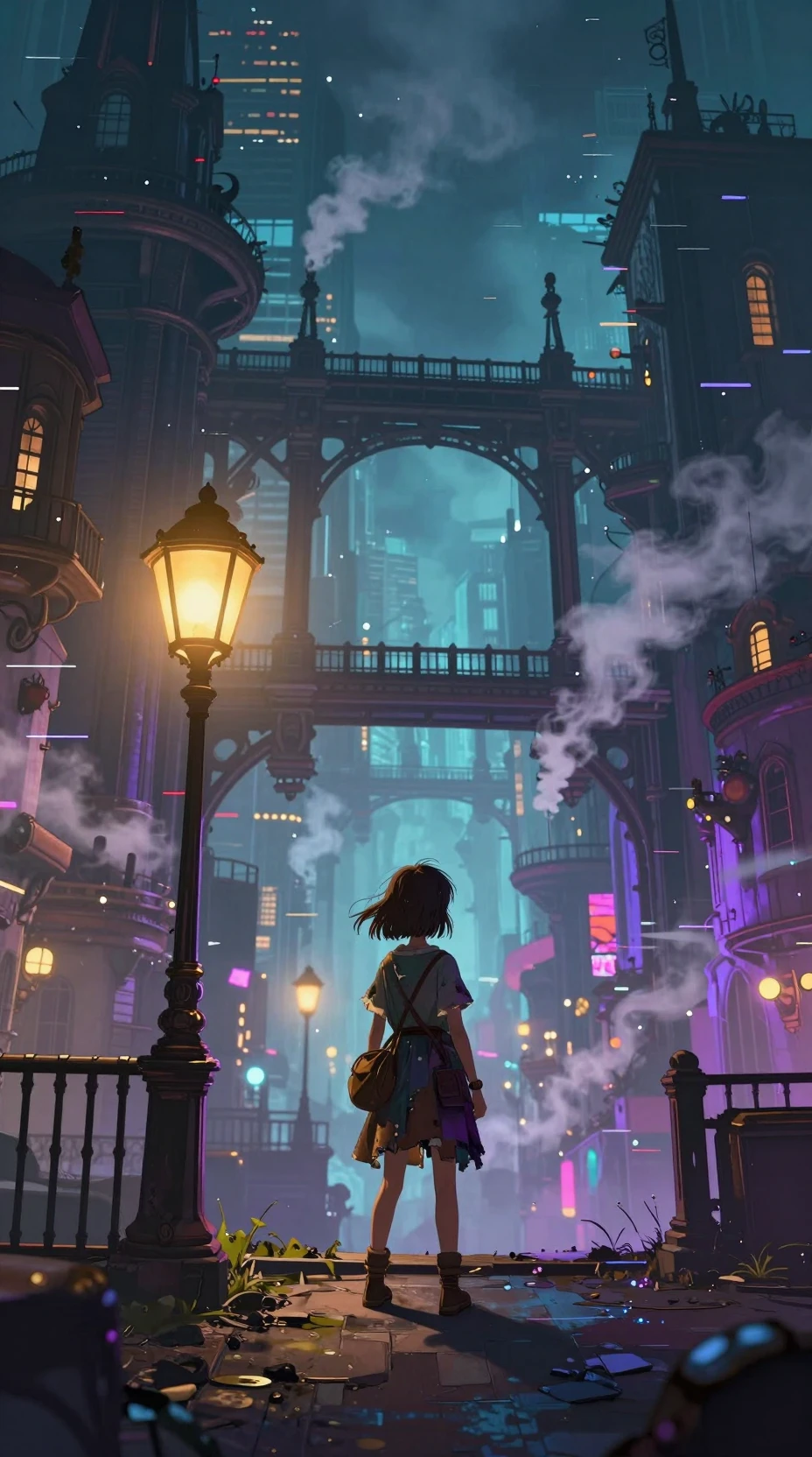 Ragazza solitaria in una città steampunk fumosa di notte