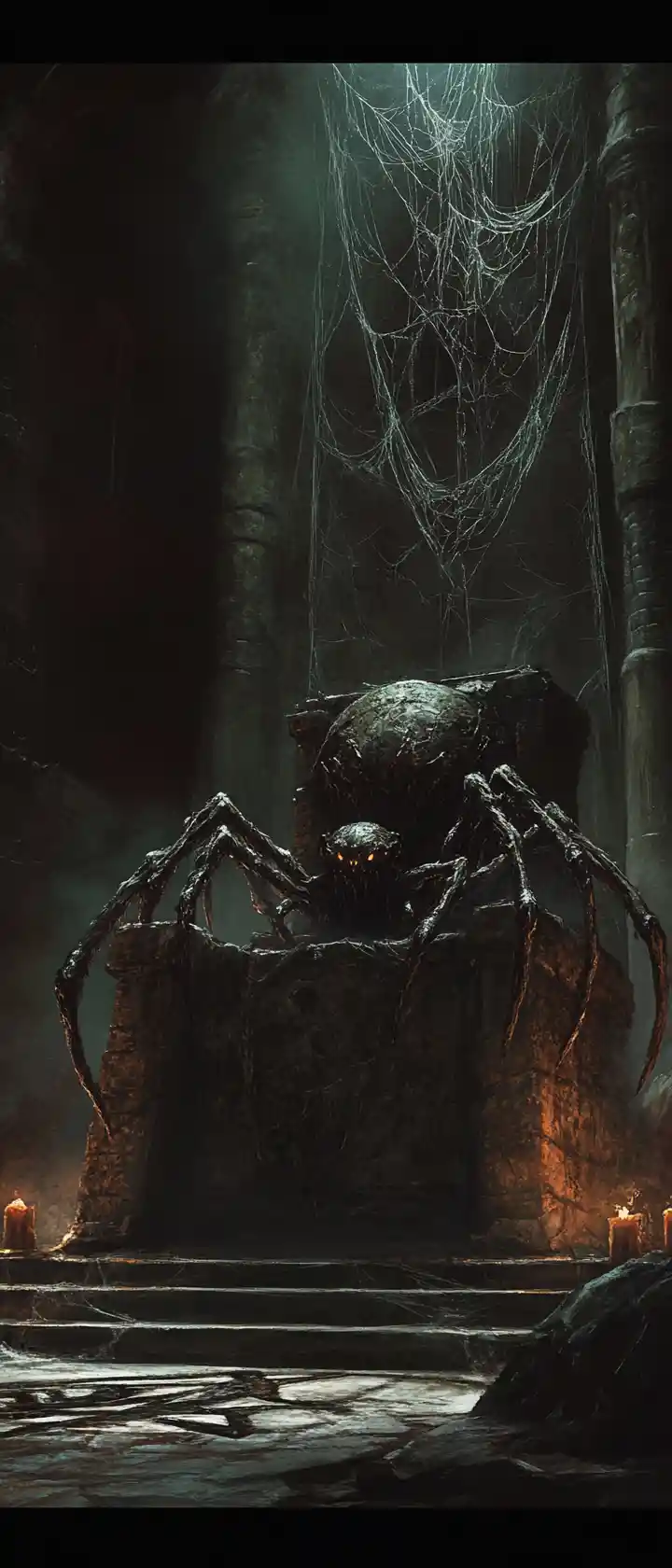 Gothic spider queen on a bone throne in candlelit darkness