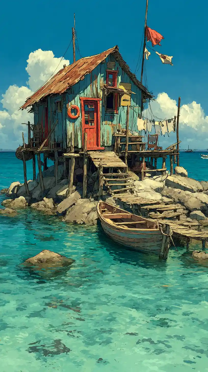 Rustic wooden cabin on a lone ocean rock