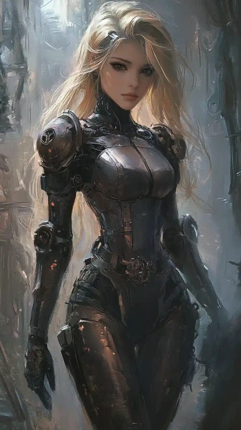 Cybernetic blonde woman in surreal steampunk organic armor