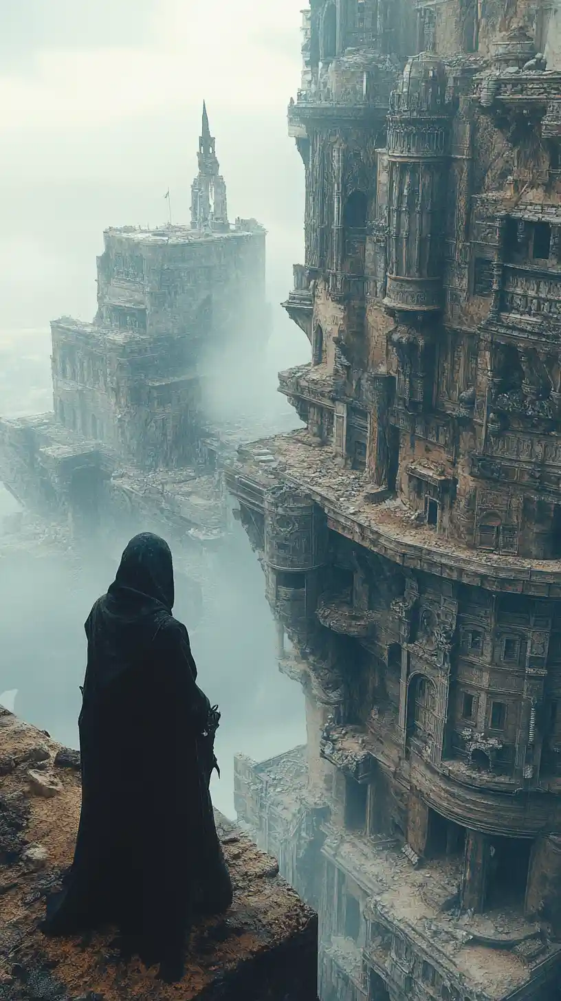 Viaggiatore del tempo incappucciato di fronte a un’immensa città labirintica