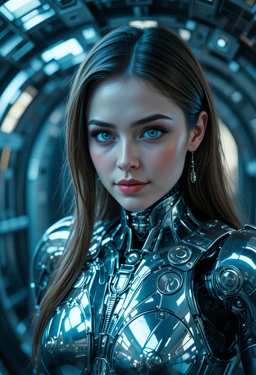 Cyborg woman in chrome armor inside a sci fi capsule