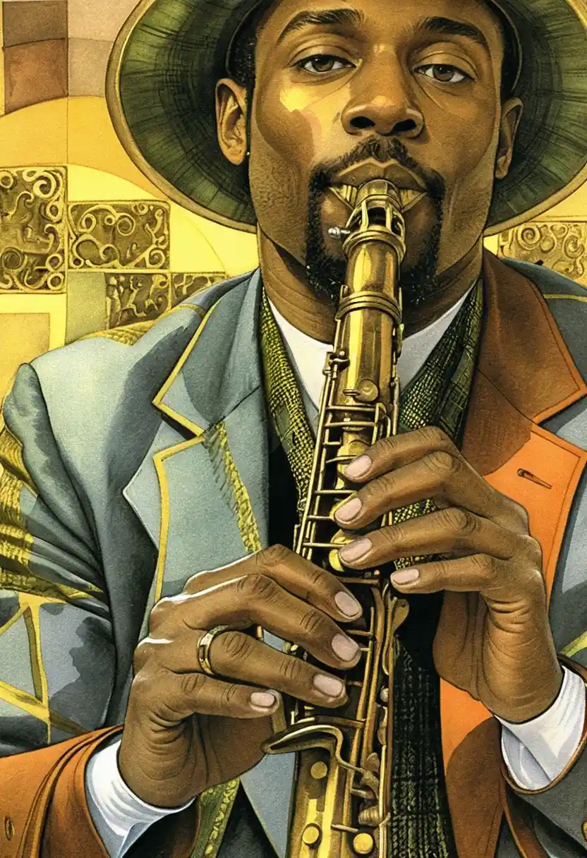 Cubist portrait of a jazz saxophonist in blue and gold tones