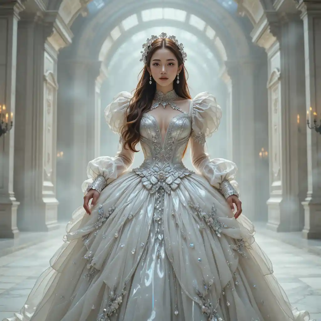 Korean debutante in silver victorian ballgown on misty dais