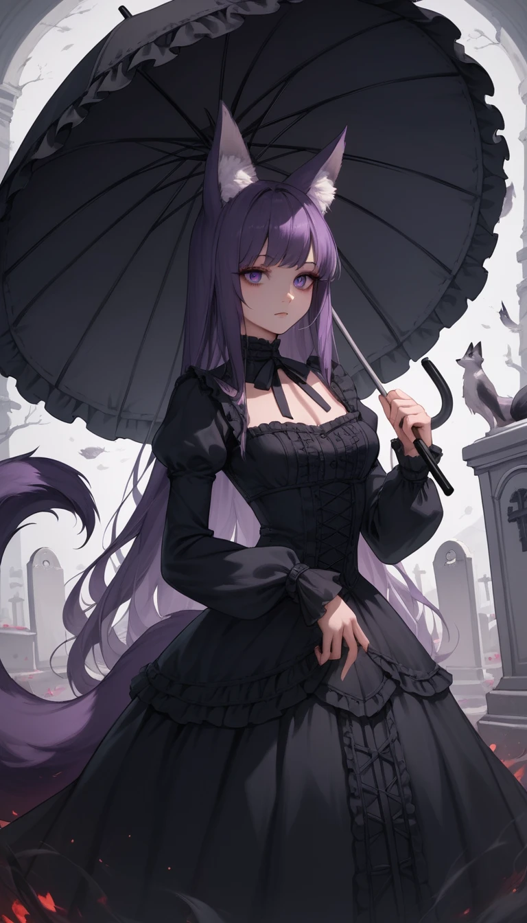 Gothic fox girl with parasol in a quiet cemetery