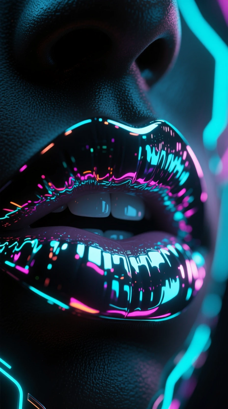 Cyberpunk neon chrome lips in extreme close up on black
