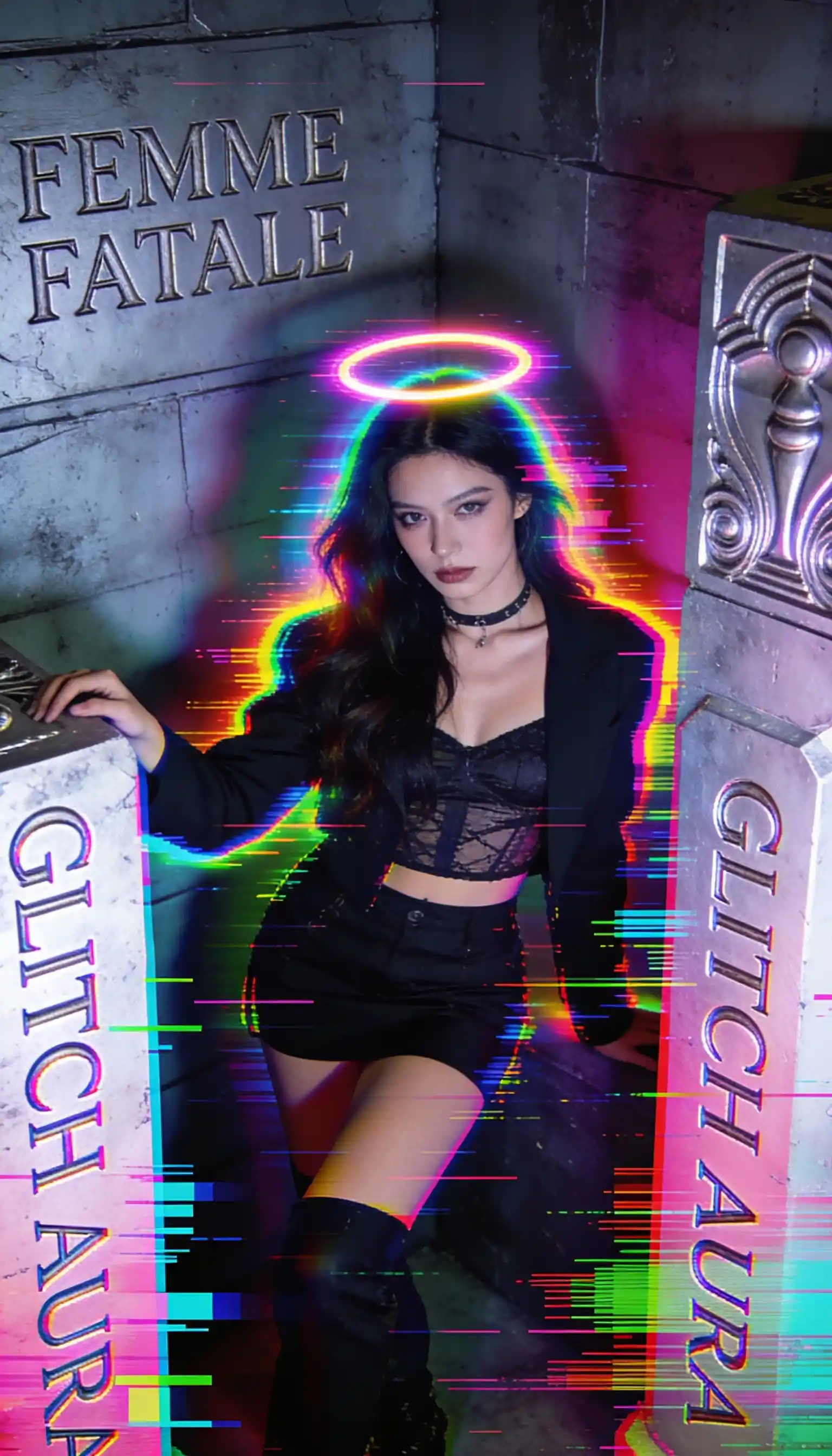 Fashion woman in surreal installation with engraved words