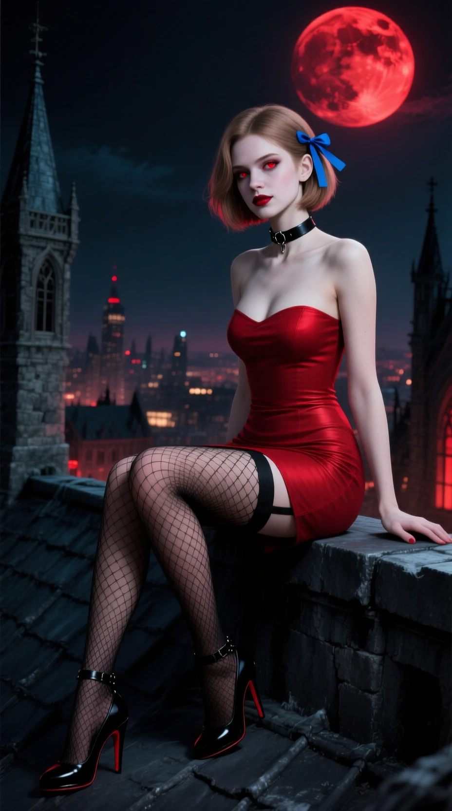 Vampire woman on a dark castle rooftop under red moon