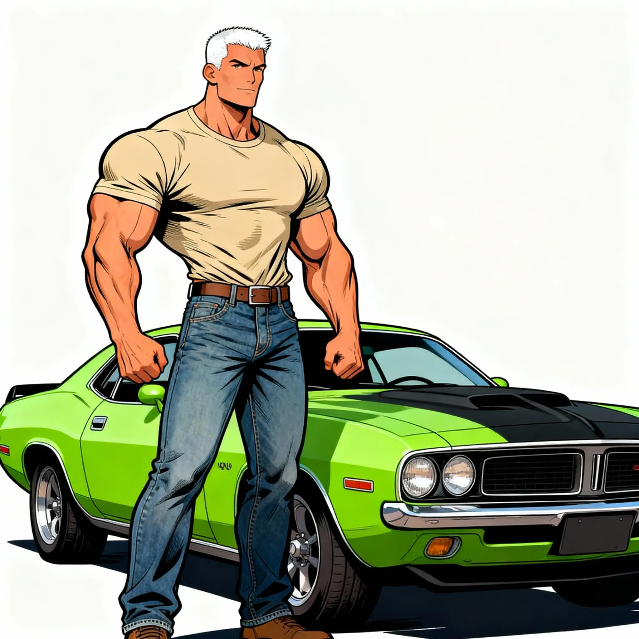 Muscular man in fitted t shirt standing by classic car