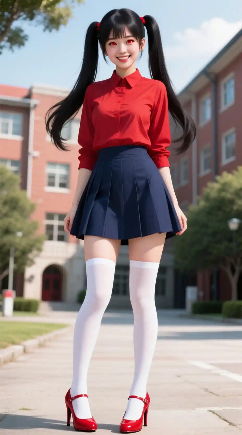 Donna giapponese in rosso su un viale soleggiato del campus