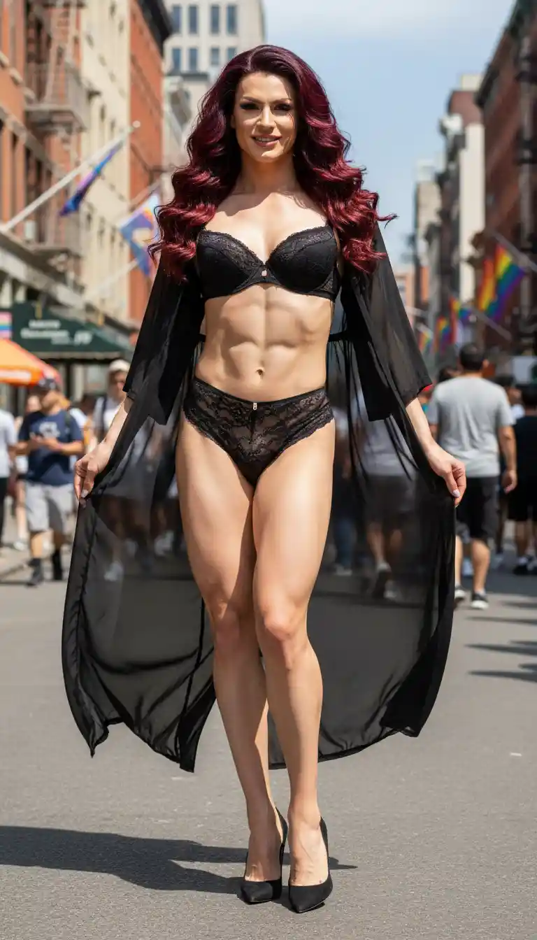 Mujer trans escandinava segura de sí misma con lencería roja en la calle de la ciudad