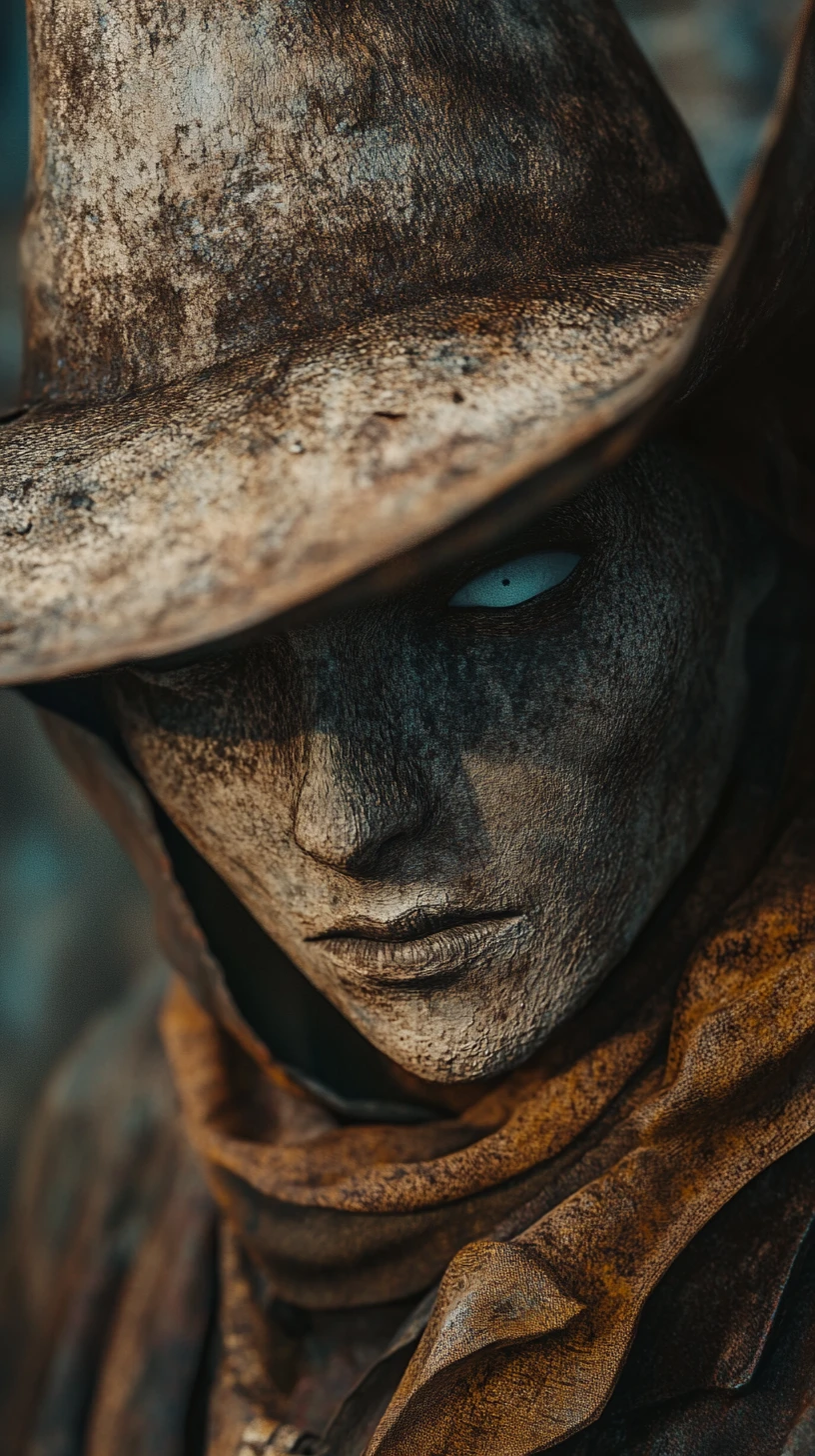 Close up of a lone anime cowboy in a rustic town