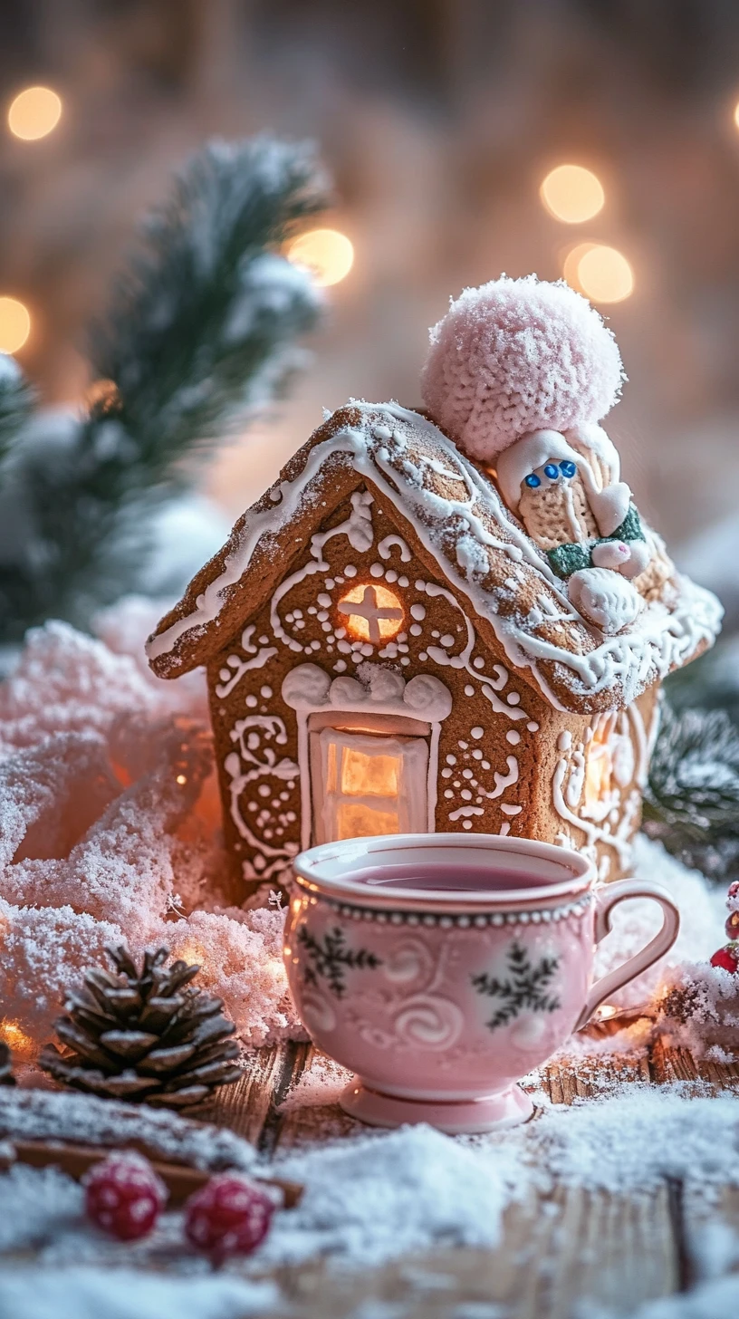 Gemütliches Lebkuchenhäuschen mit Kätzchen an einem verschneiten Winterabend