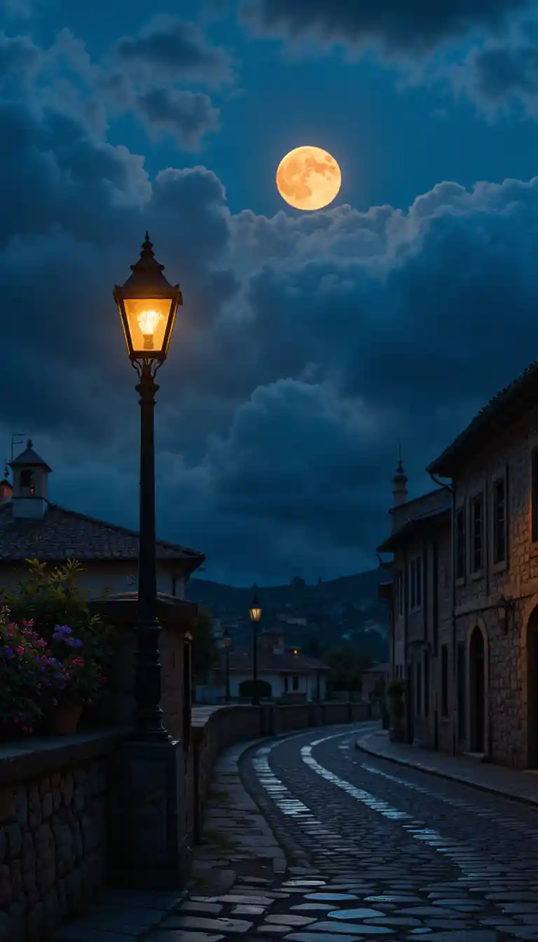 Notte di luna piena su una tranquilla strada acciottolata