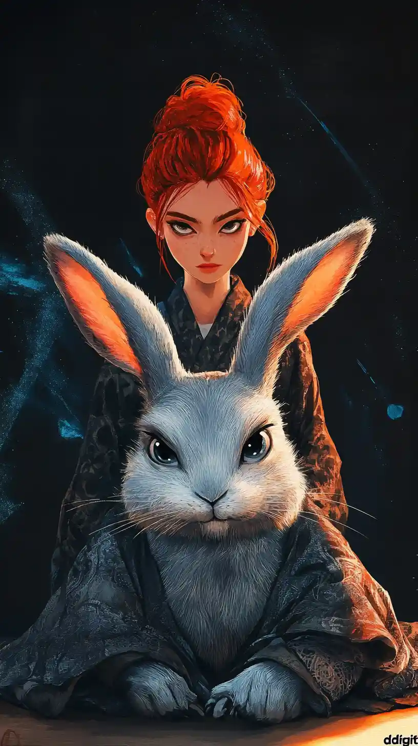 Serious rabbit and fox woman in neon virtual cartoon world