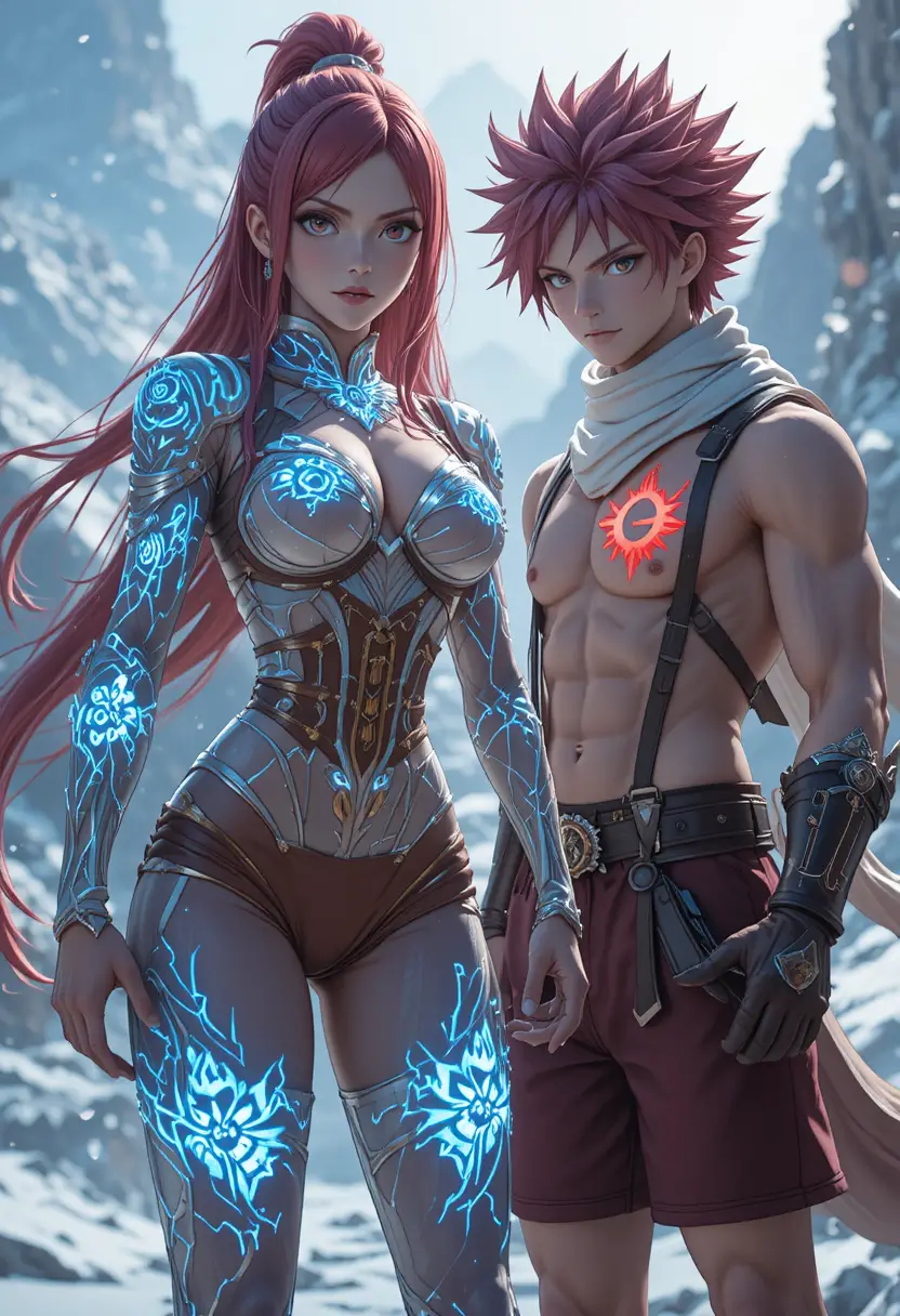 Two anime warriors facing off on a snowy island battlefield