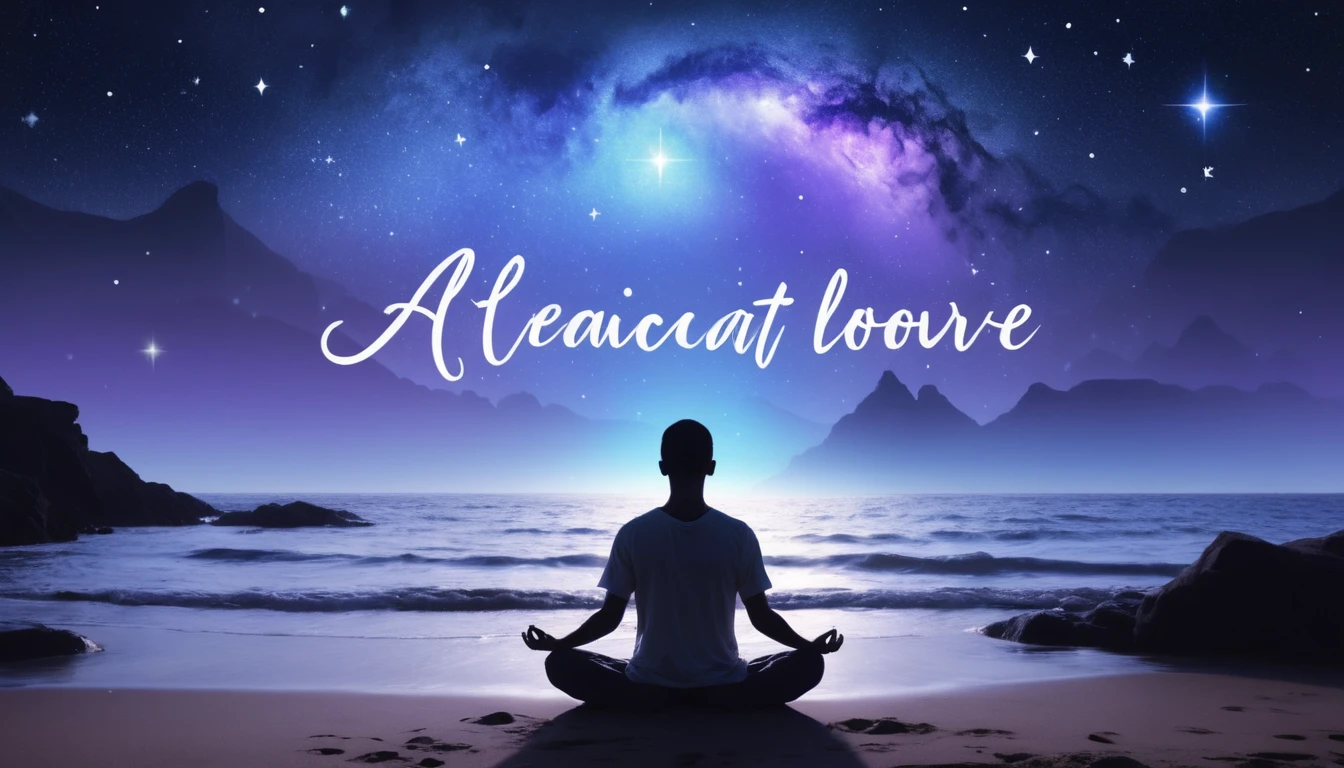 Peaceful night sky with meditating silhouette and gentle glow