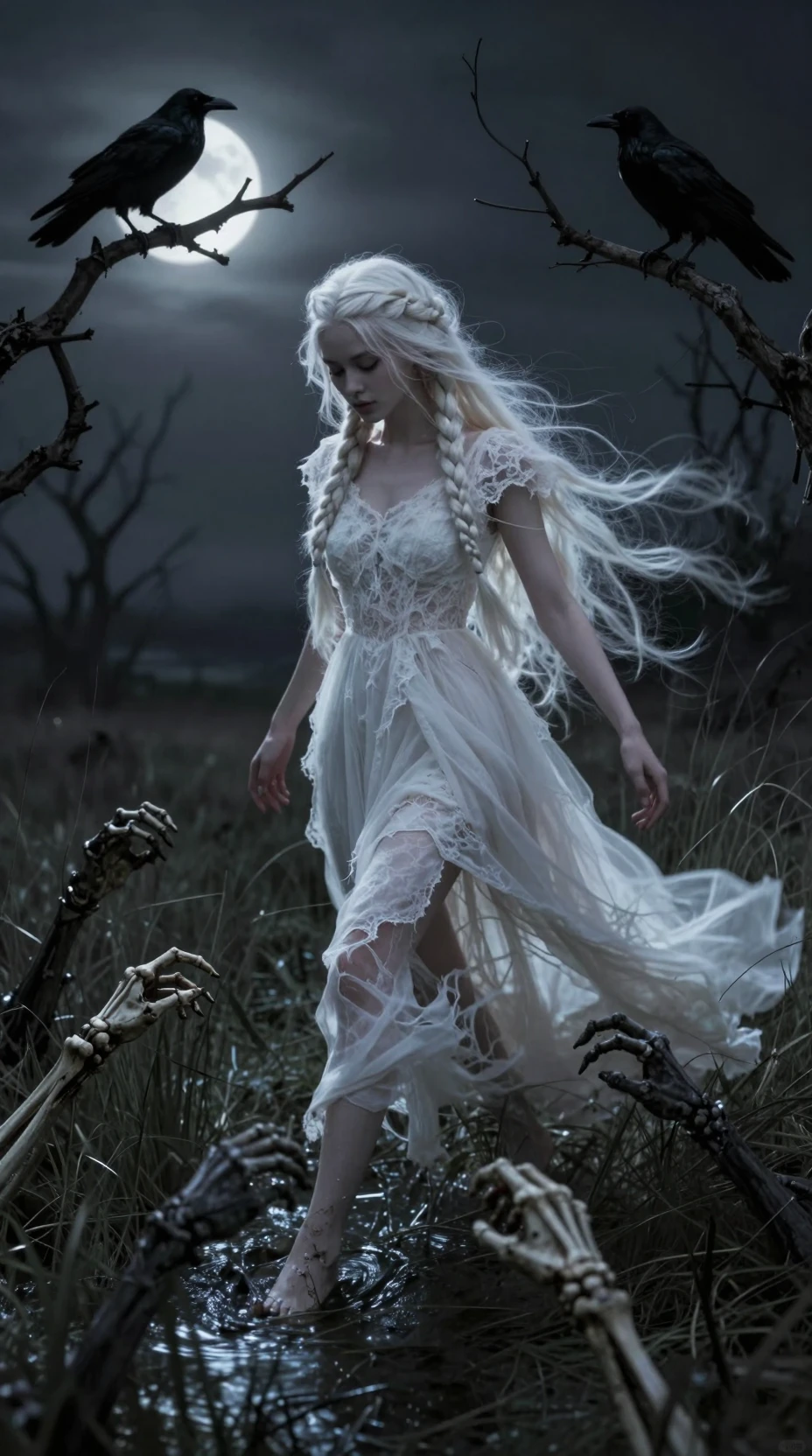 Young woman walking through a moonlit haunted moor