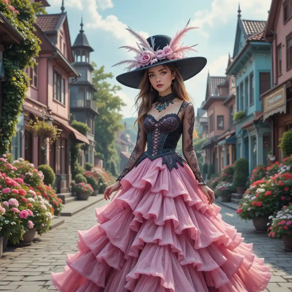 Mulher elegante em vestido gótico rosa caminhando pela cidade