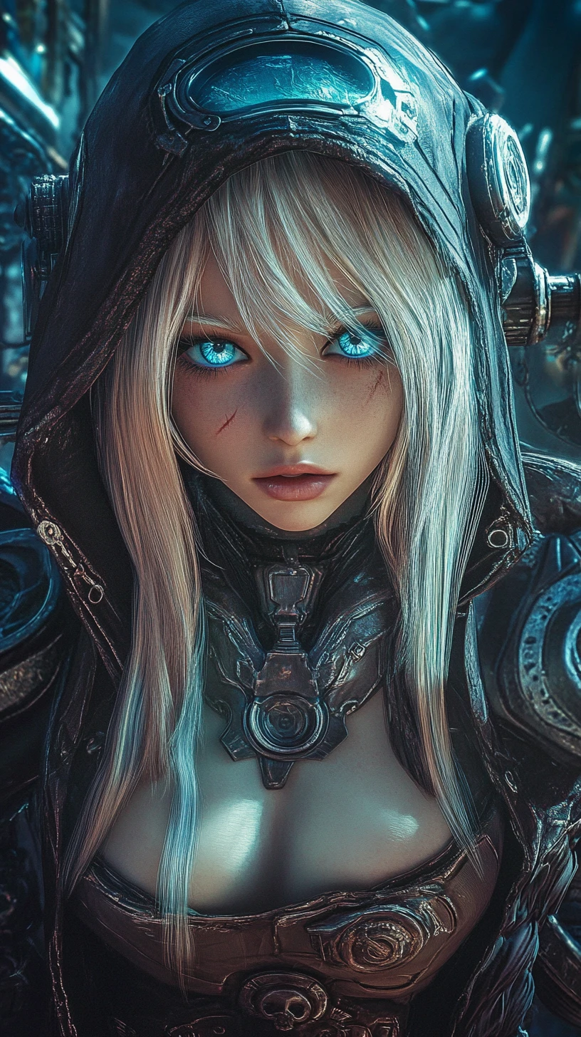 Donna bionda cibernetica in armatura organica steampunk surreale