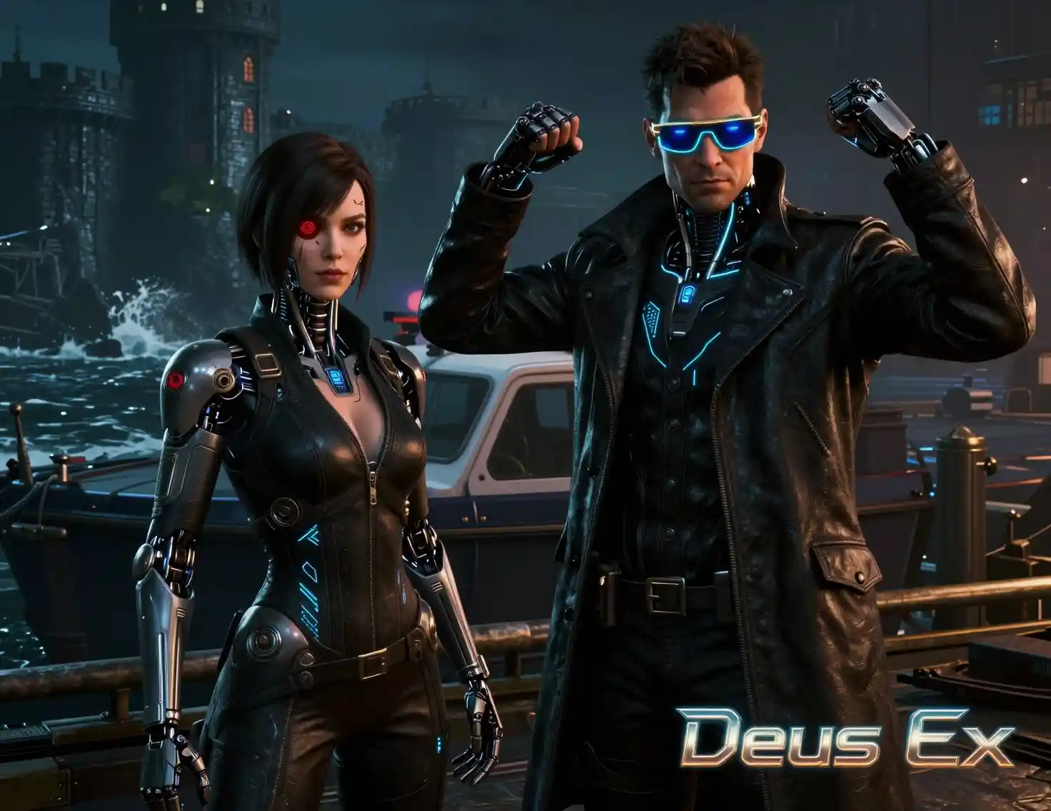 Augmented woman in black suit on a neon lit coast