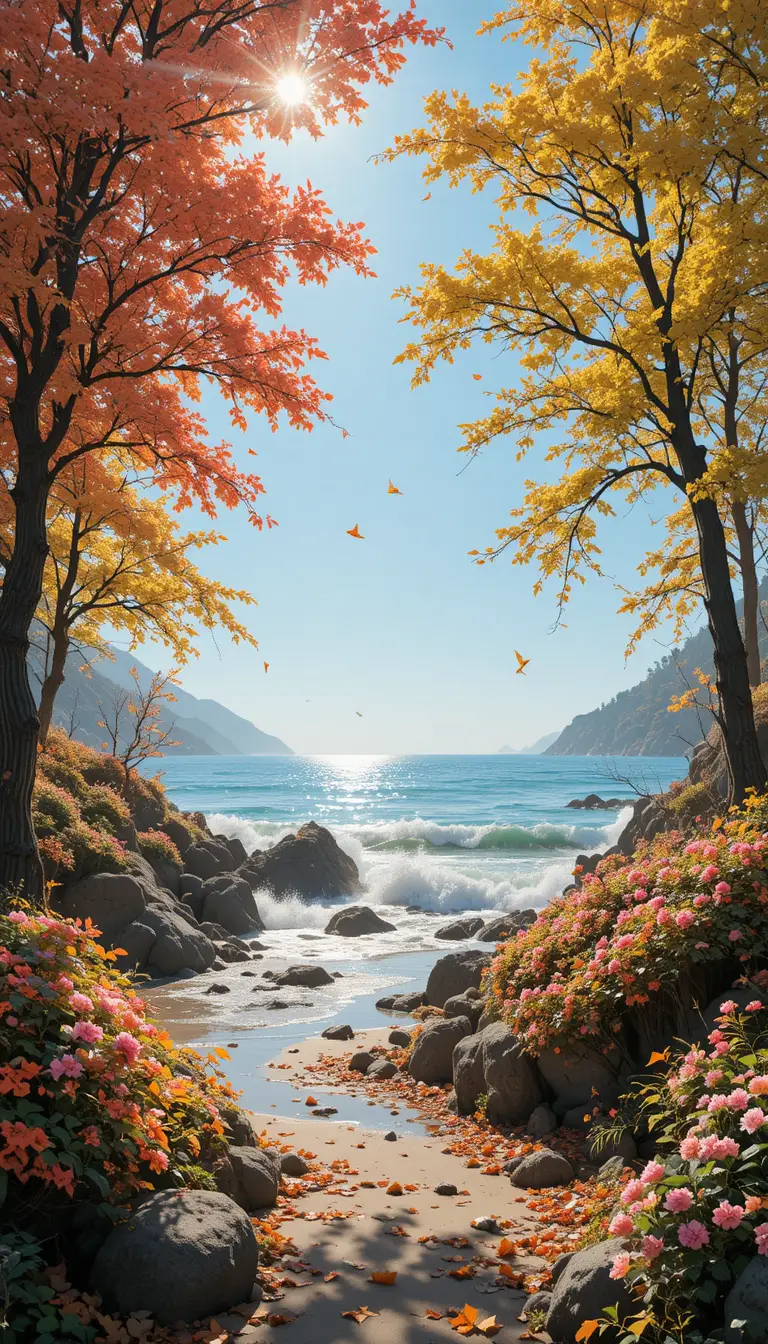 Rivage d’automne mêlé à une côte printanière en fleurs