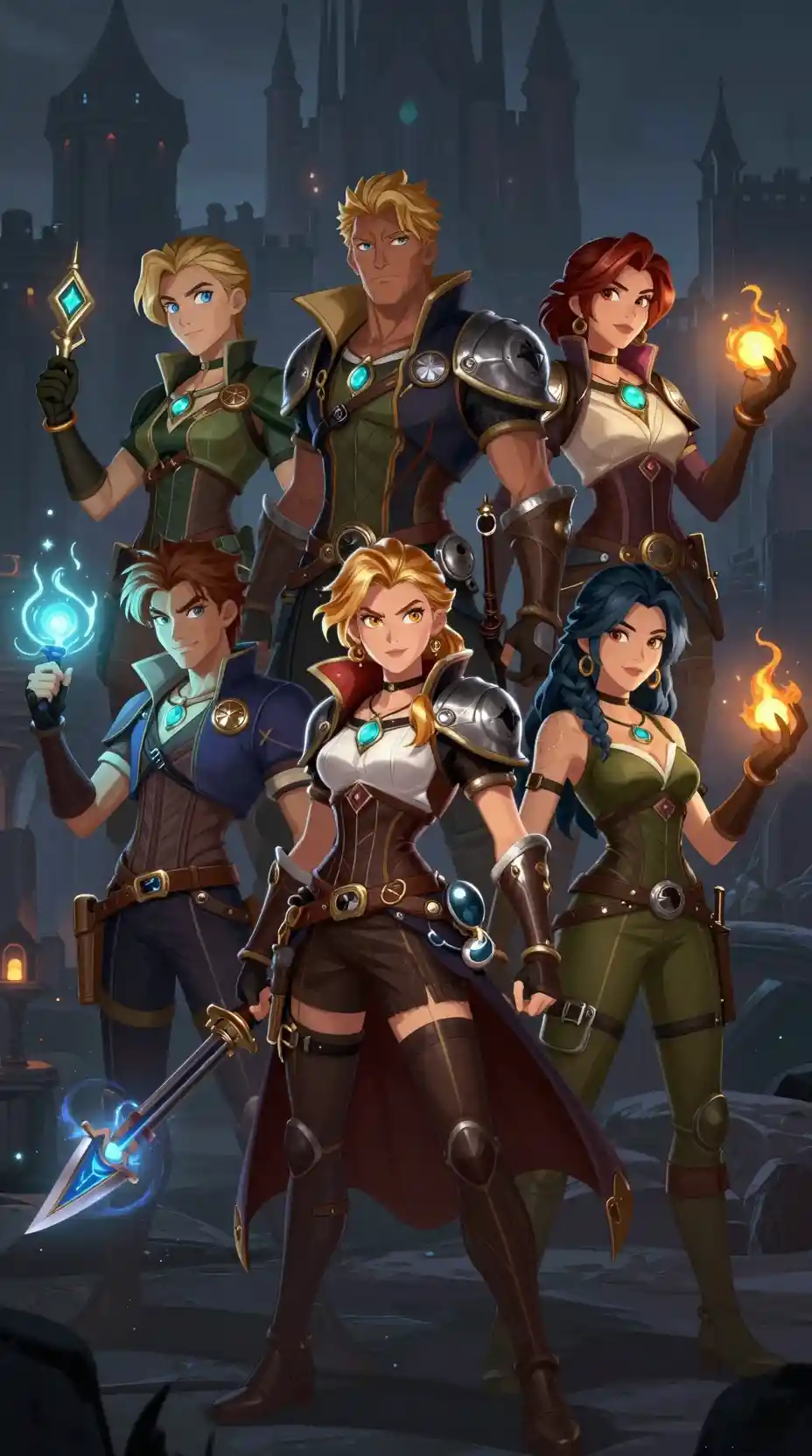 Fantasy heroes with magical powers before dark castle walls