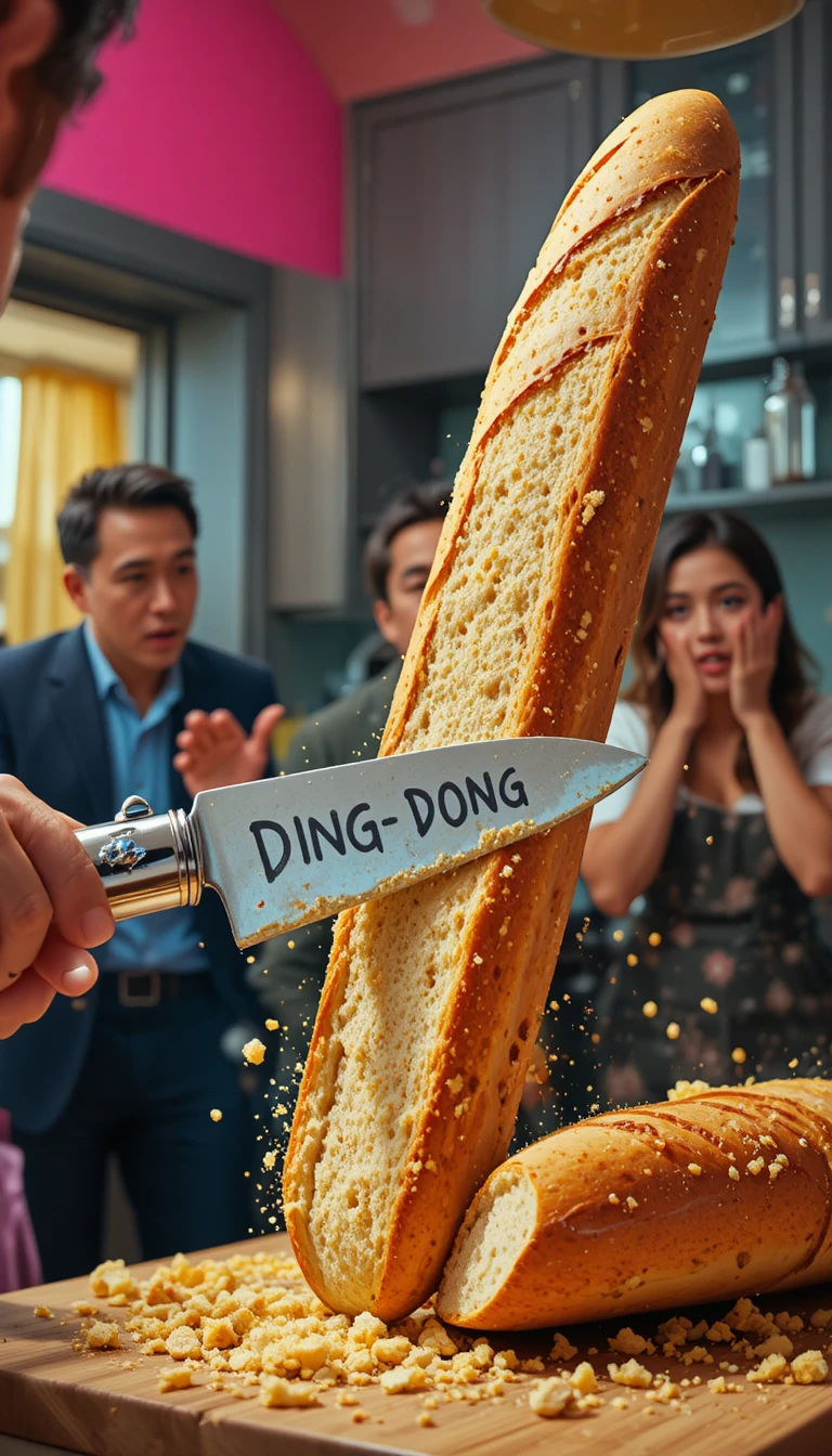 Chef rings a bicycle bell bread knife while slicing baguette