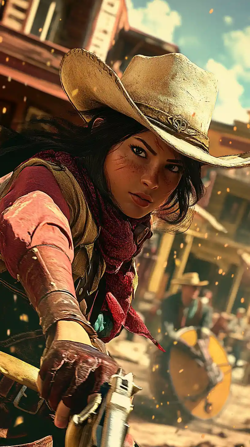 Anime-Cowgirl Nahaufnahme in einer rustikalen Westernstadt