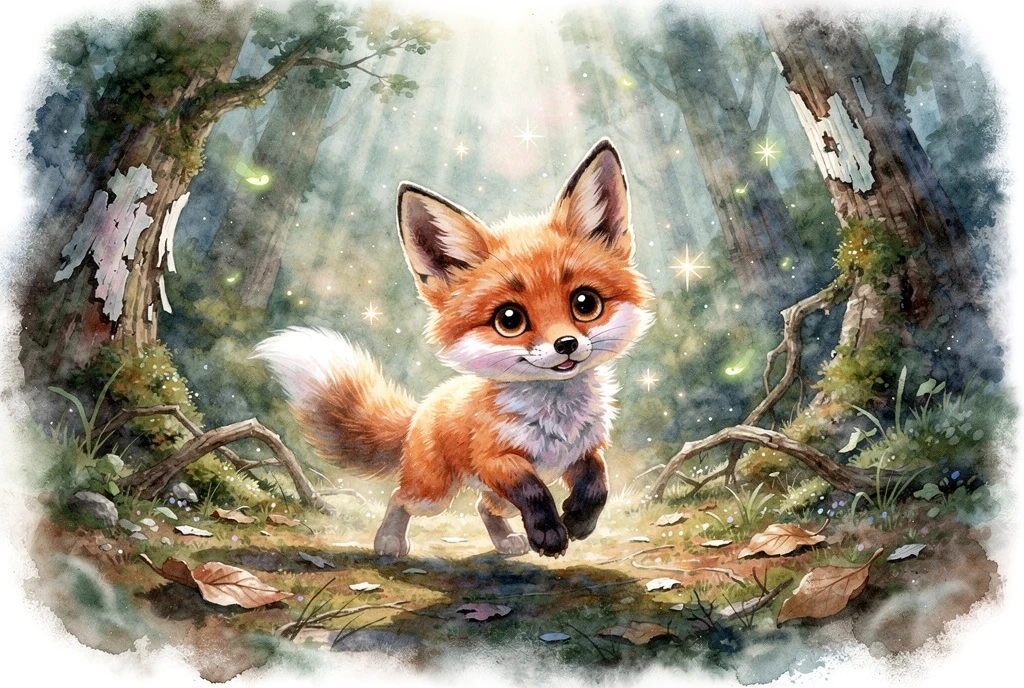 Niedlicher 3D-Babfuchs posiert im schäbigen Wald als Aquarell