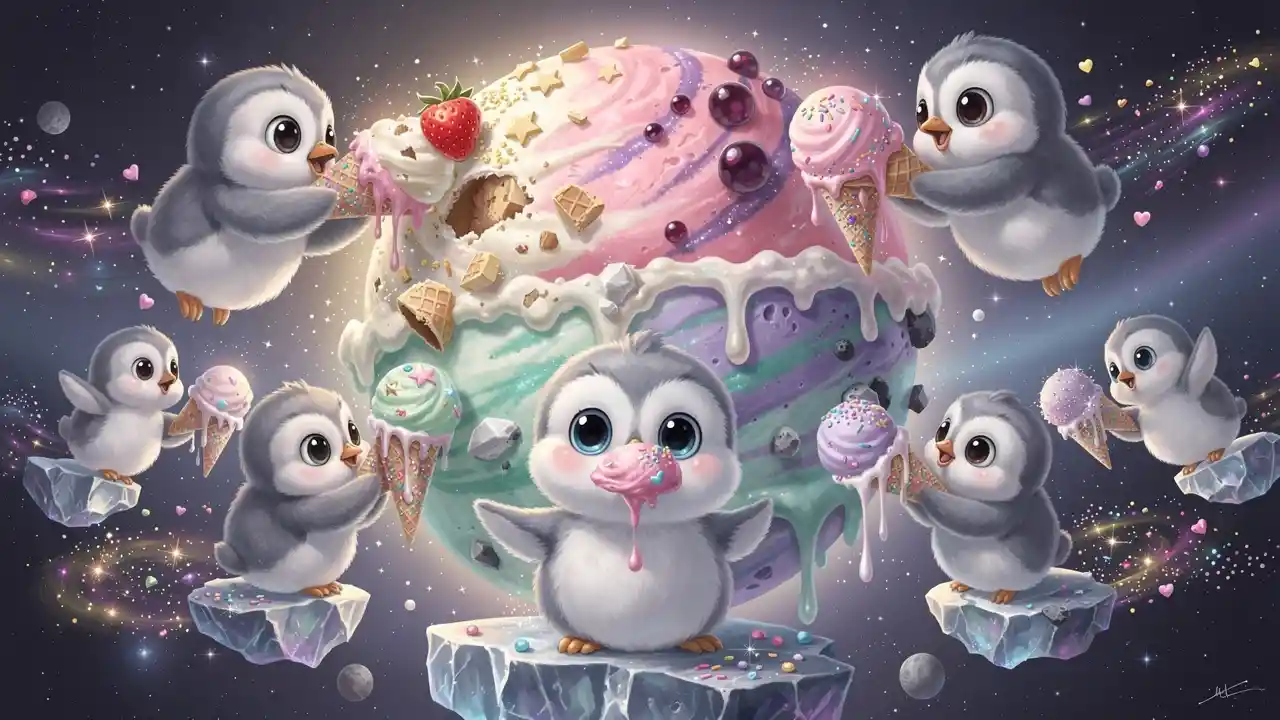 Adorables bébés manchots partageant une comète de glace cosmique lumineuse