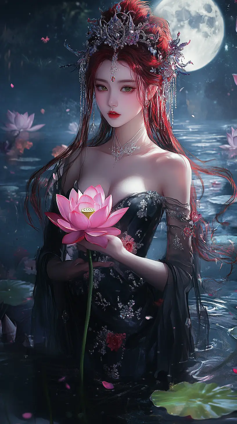 Asian woman with glowing lotus in moonlit water garden