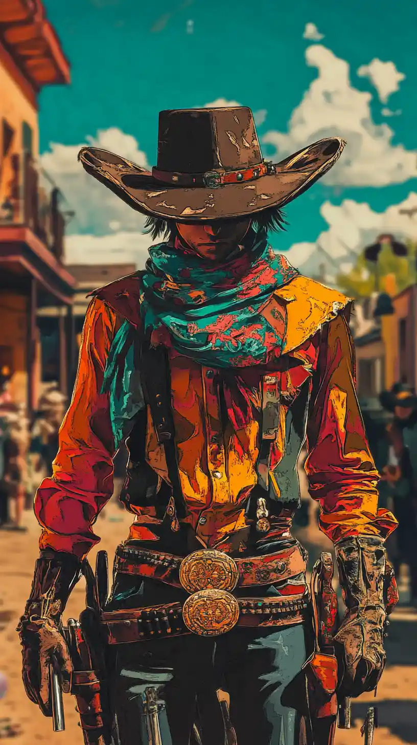 Anime cowgirl close up in a rustic western town