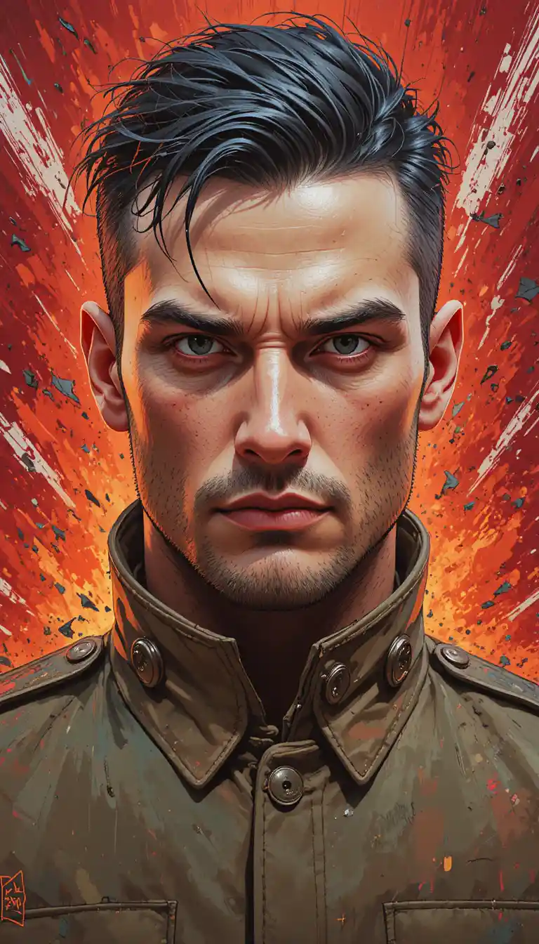 Intense man in military jacket against fiery abstract backdrop