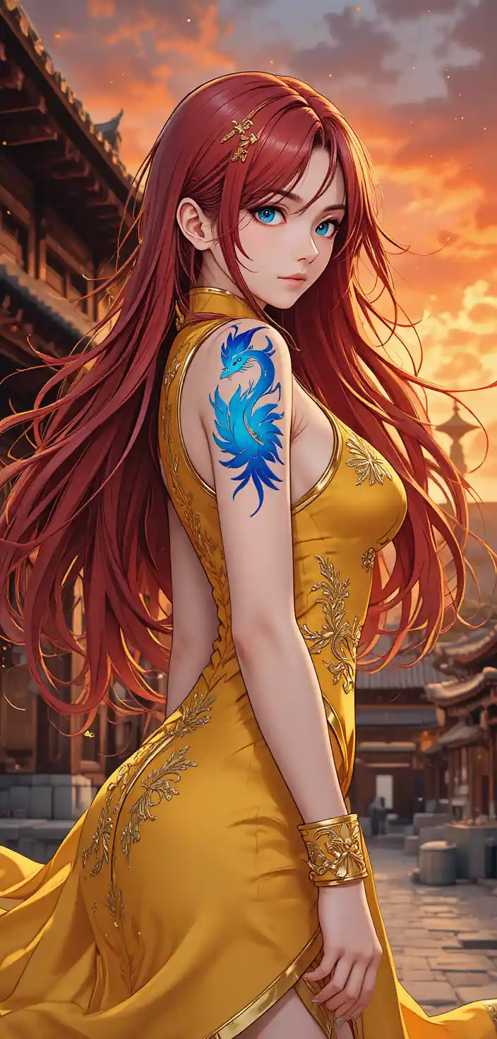 Anime warrior woman over the shoulder at sunset