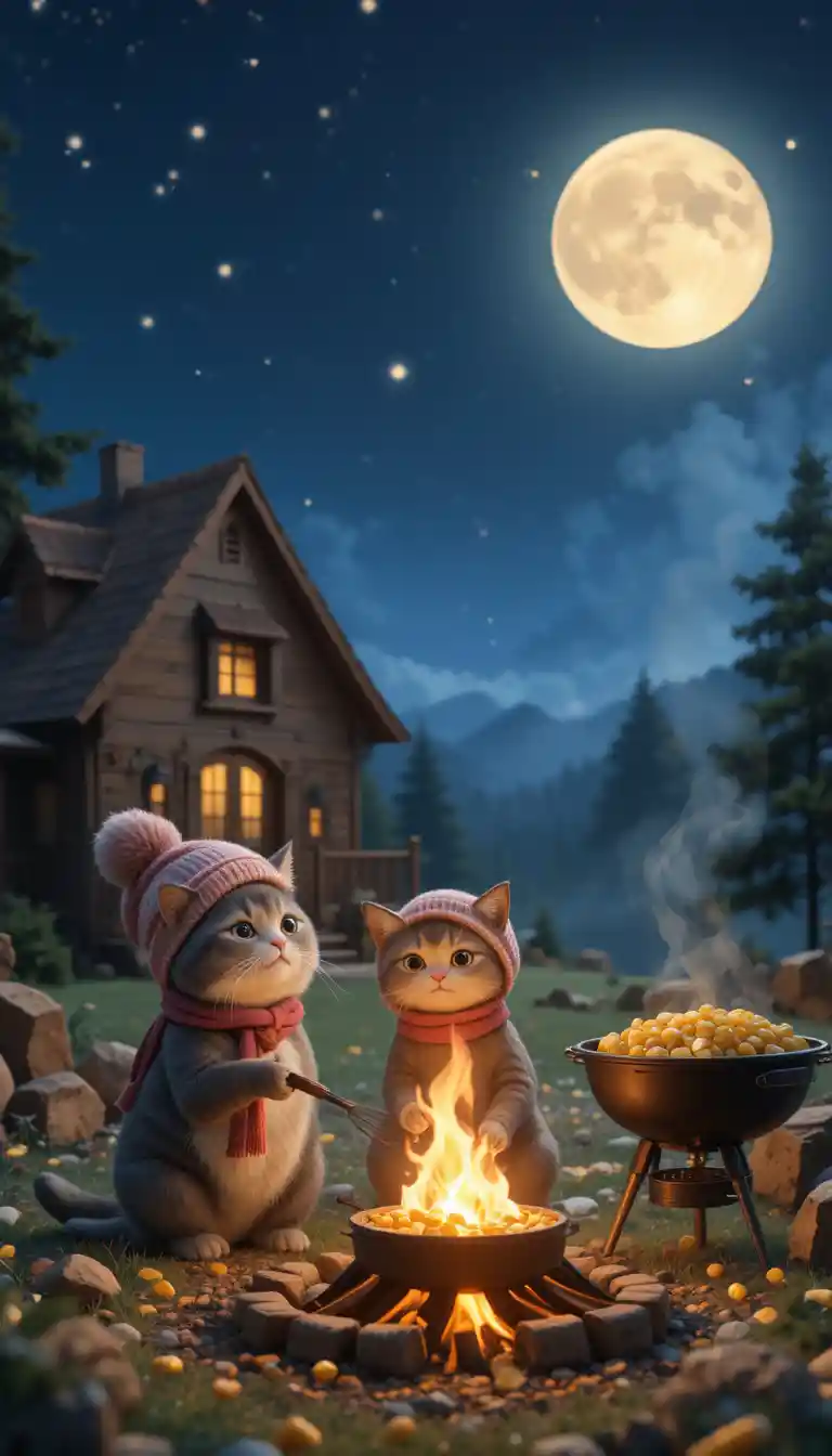 圍著圍巾的貓在溫馨夜晚營地烤玉米