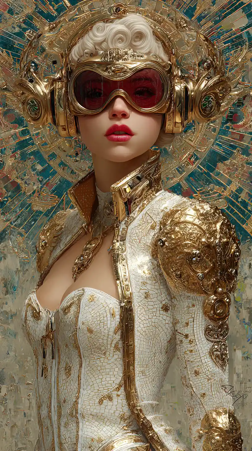 Futuristic woman with visor and phone in neon space