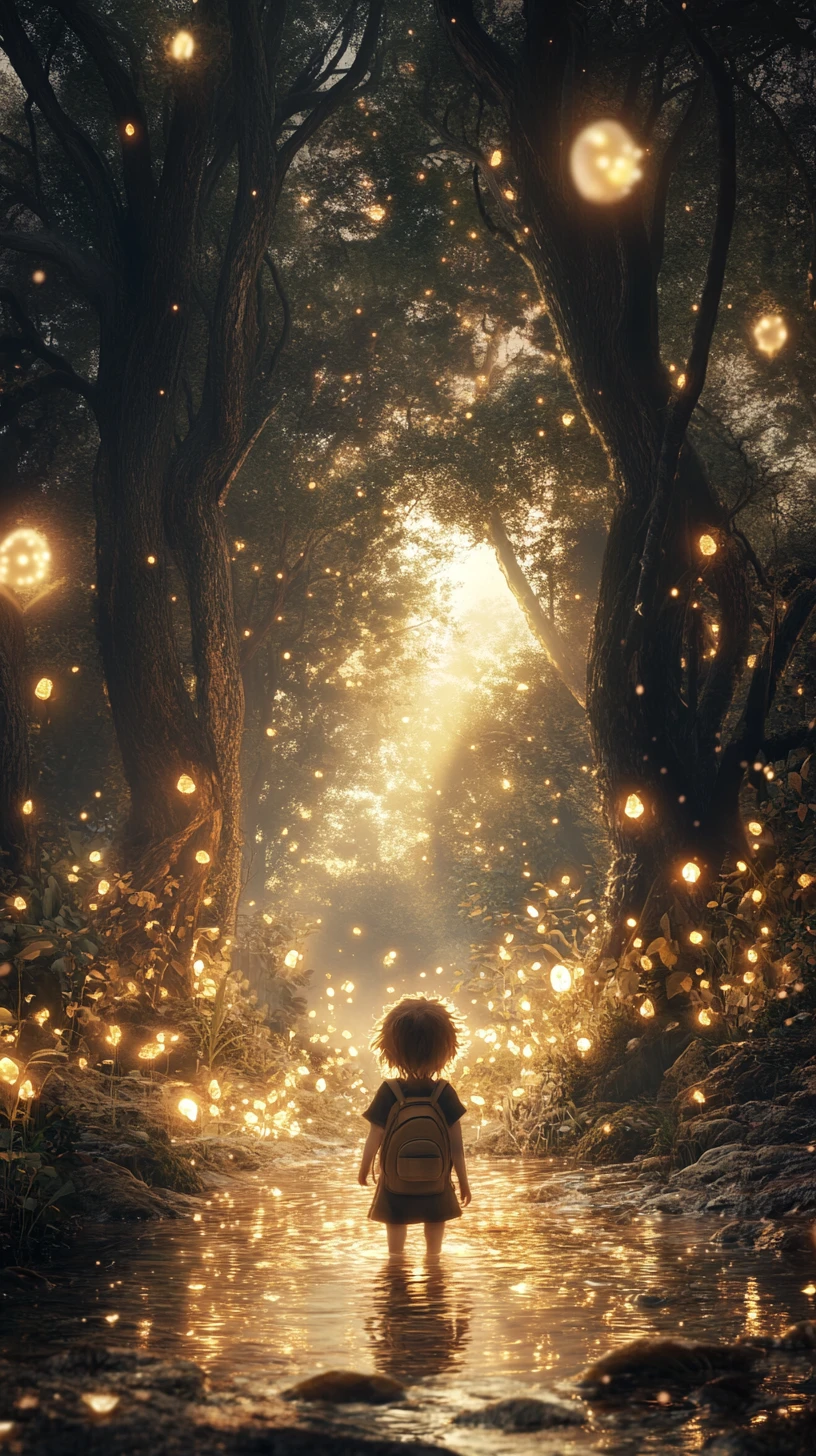 Child in glowing forest stream walking toward distant light