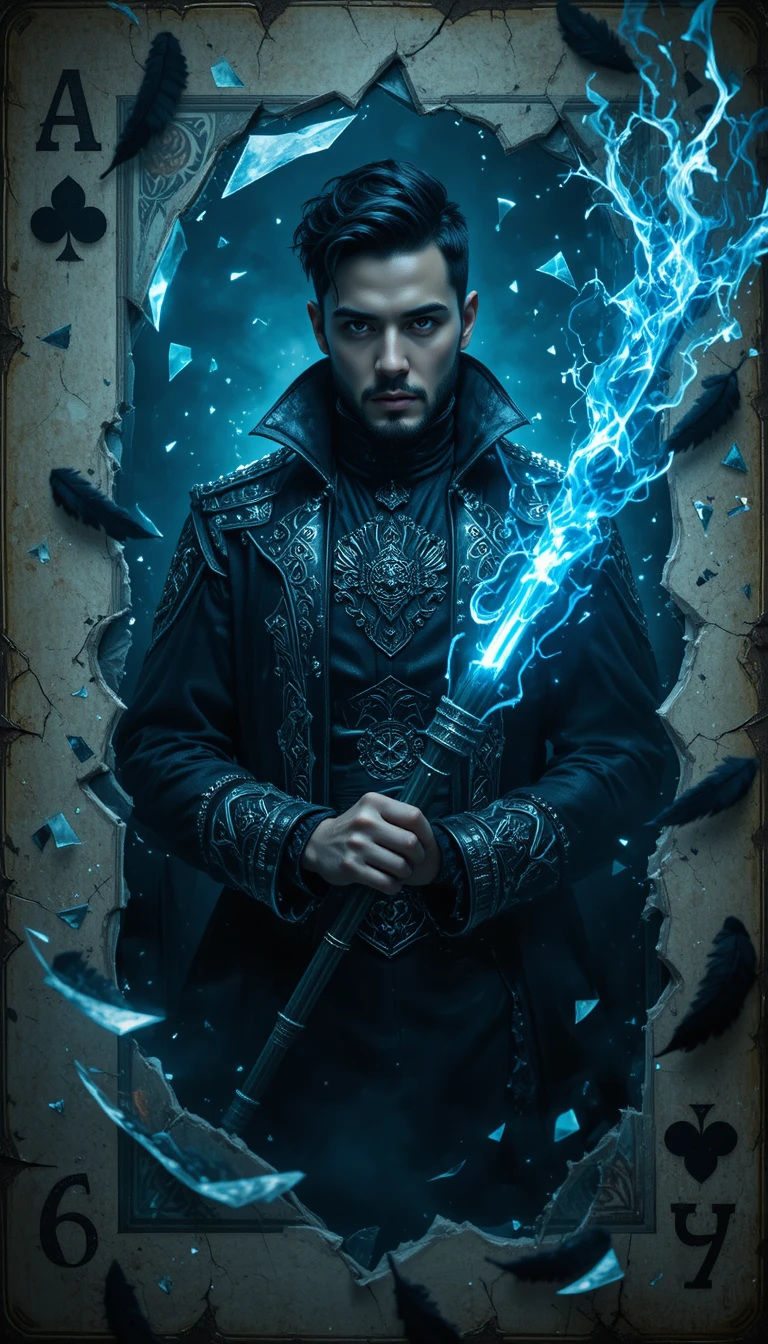 Dark fantasy sorcerer warrior bursting from shattered playing card