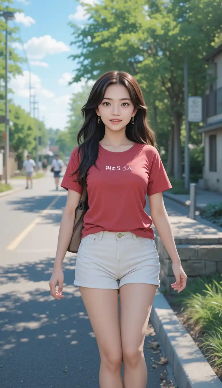 在陽光大道上邊走邊唱的動漫女孩