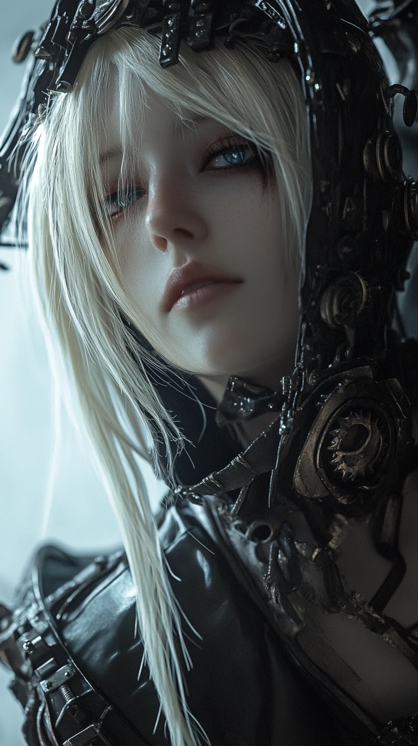 Cybernetic blonde woman in surreal steampunk organic armor