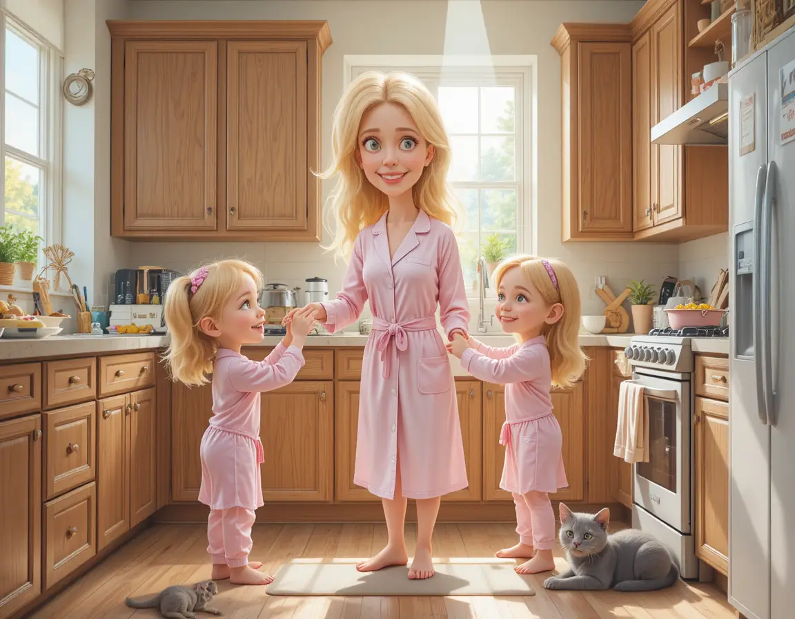 Mutter hilft zwei kleinen Mädchen beim Kochen in einer hellen Küche