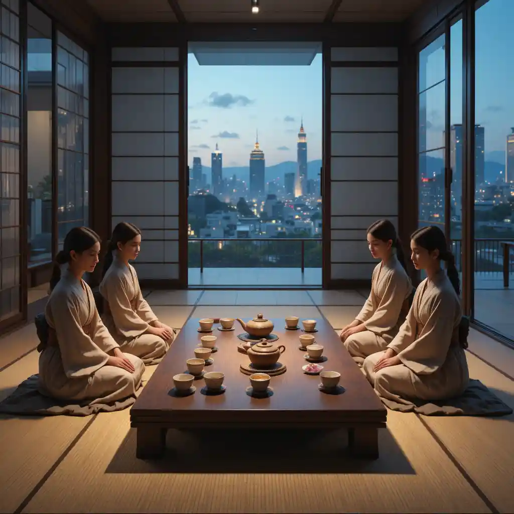 Traditional Japanese tea ceremony in a serene tatami room