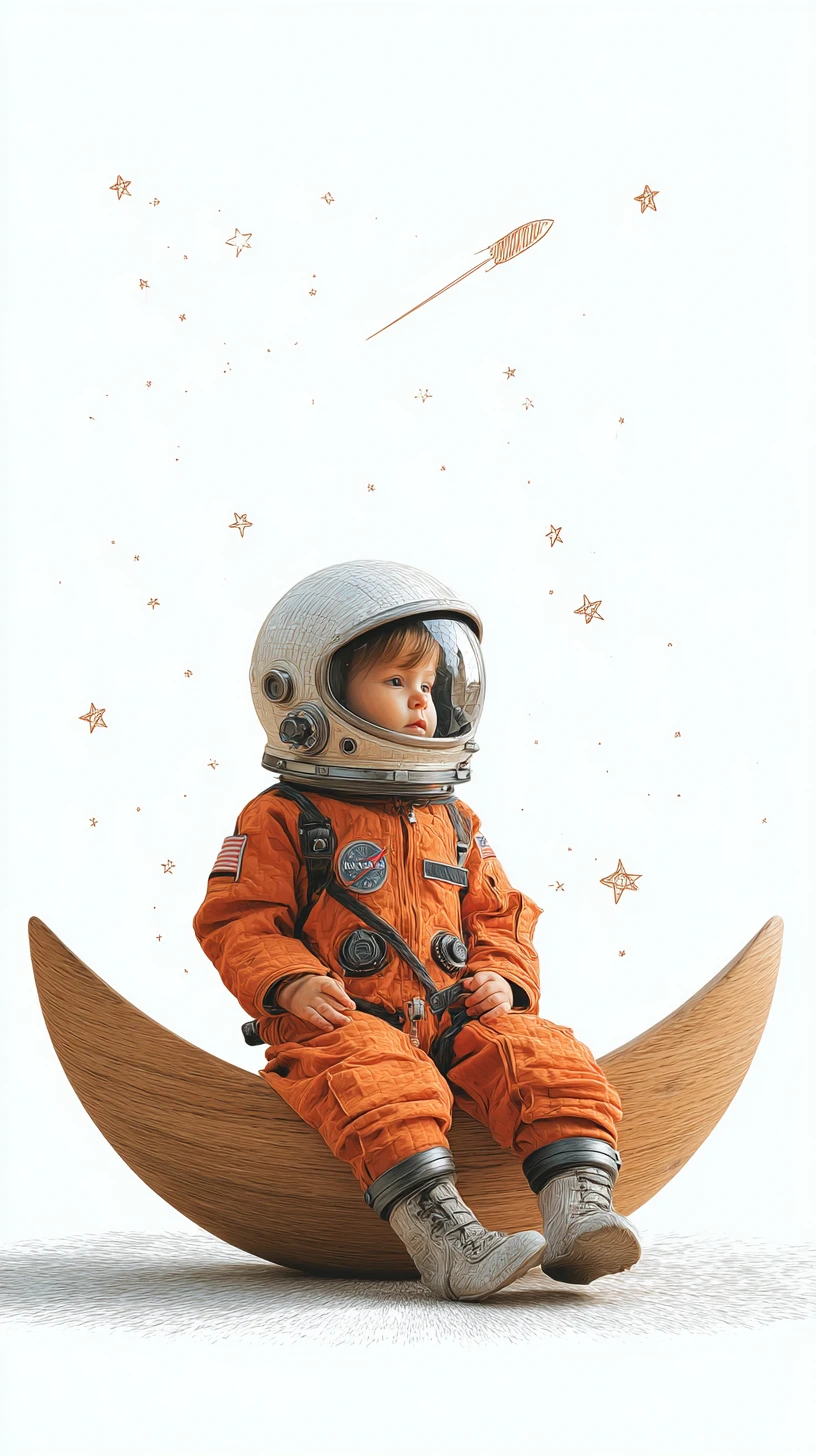 子どもらしい星空の背景に浮かぶ木の月と赤ちゃん宇宙飛行士
