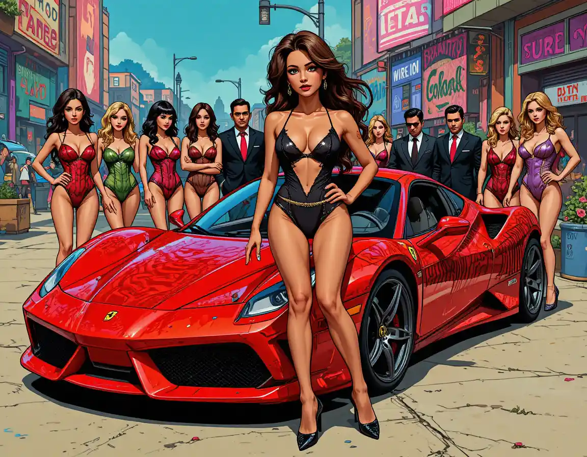 Glamorous woman in black lingerie posing by red sports car
