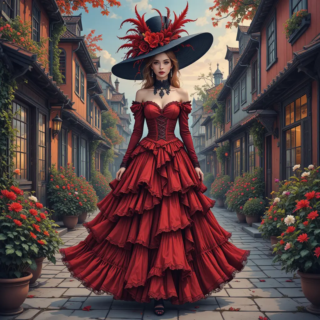 Elegant gothic woman in red dress walking through town